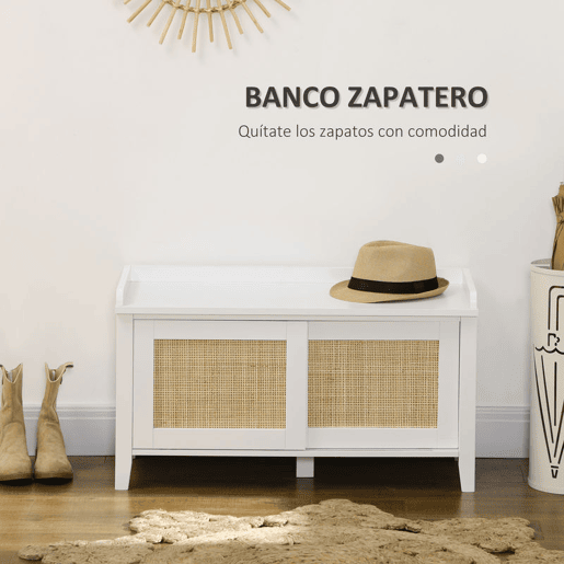 HOMCOM Banco Sapateira Móvel Sapateira com Banco 2 Portas de Vime Estilo Boémio Carga Máxima 130 kg para Corredor Entrada 80x35x45 cm Branco e Bege