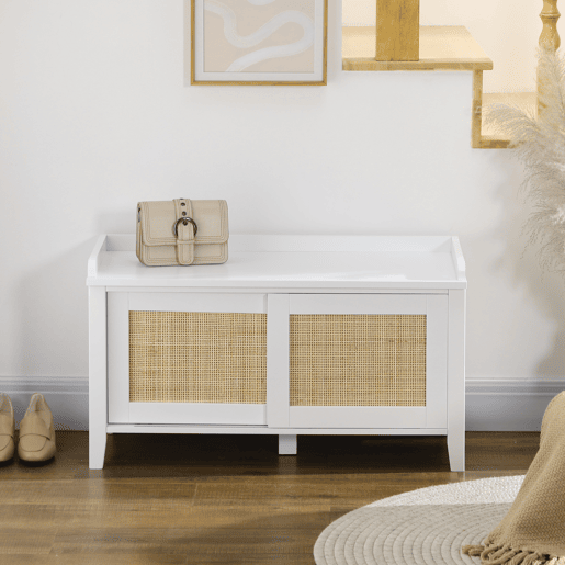 HOMCOM Banco Sapateira Móvel Sapateira com Banco 2 Portas de Vime Estilo Boémio Carga Máxima 130 kg para Corredor Entrada 80x35x45 cm Branco e Bege