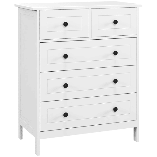 HOMCOM Cómoda de Dormitório Cómoda Branca com 5 Gavetas e Puxadores Cómoda Alta para Sala de Estar Estúdio Estilo Moderno 74x40x91 cm Branco