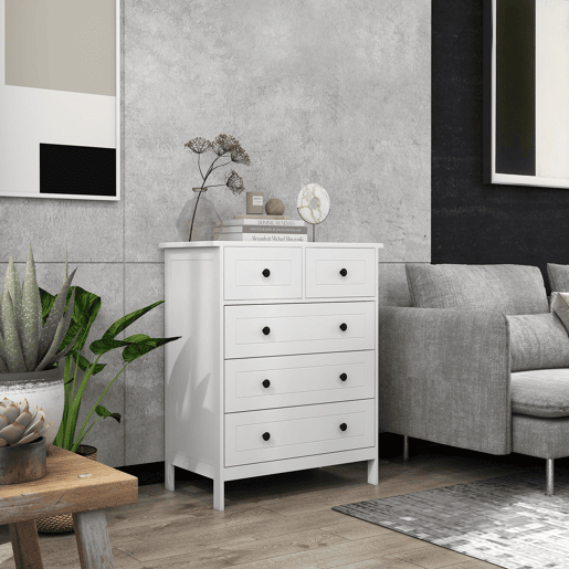 HOMCOM Cómoda de Dormitório Cómoda Branca com 5 Gavetas e Puxadores Cómoda Alta para Sala de Estar Estúdio Estilo Moderno 74x40x91 cm Branco