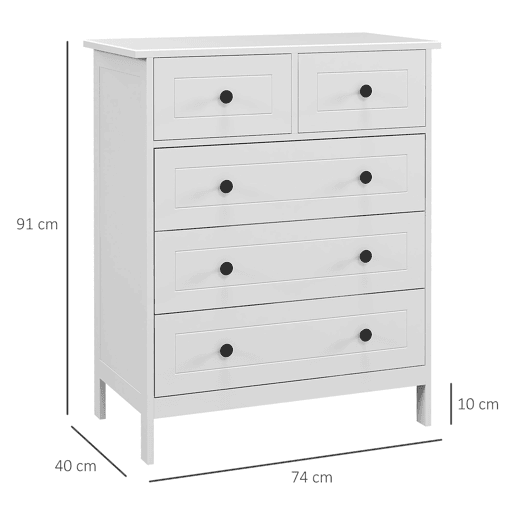 HOMCOM Cómoda de Dormitório Cómoda Branca com 5 Gavetas e Puxadores Cómoda Alta para Sala de Estar Estúdio Estilo Moderno 74x40x91 cm Branco