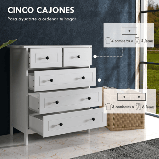 HOMCOM Cómoda de Dormitório Cómoda Branca com 5 Gavetas e Puxadores Cómoda Alta para Sala de Estar Estúdio Estilo Moderno 74x40x91 cm Branco