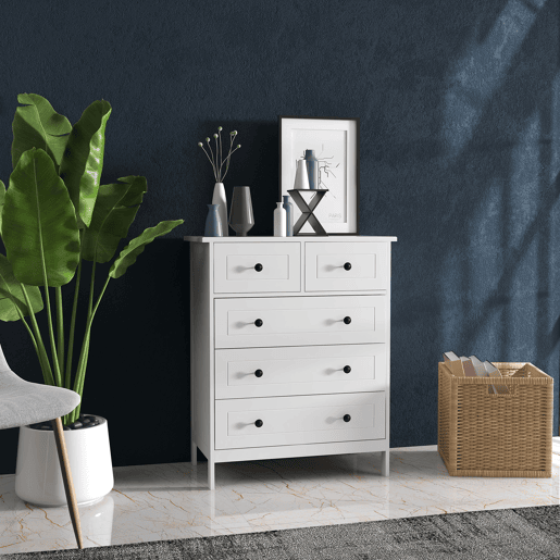 HOMCOM Cómoda de Dormitório Cómoda Branca com 5 Gavetas e Puxadores Cómoda Alta para Sala de Estar Estúdio Estilo Moderno 74x40x91 cm Branco