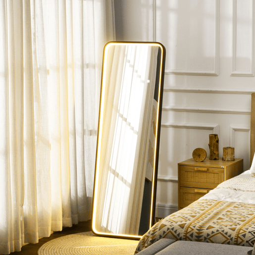 HOMCOM Espelho de Pé com Luzes LED Espelho de Corpo Inteiro 151,5x50 cm Independente ou de Parede com Iluminação Ajustável em 3 Cores Função de Memória para Dormitório Preto