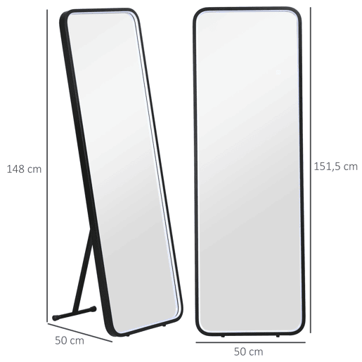 HOMCOM Espelho de Pé com Luzes LED Espelho de Corpo Inteiro 151,5x50 cm Independente ou de Parede com Iluminação Ajustável em 3 Cores Função de Memória para Dormitório Preto