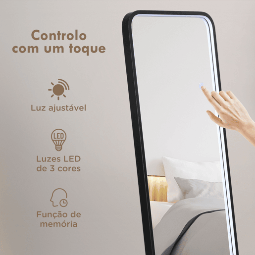 HOMCOM Espelho de Pé com Luzes LED Espelho de Corpo Inteiro 151,5x50 cm Independente ou de Parede com Iluminação Ajustável em 3 Cores Função de Memória para Dormitório Preto