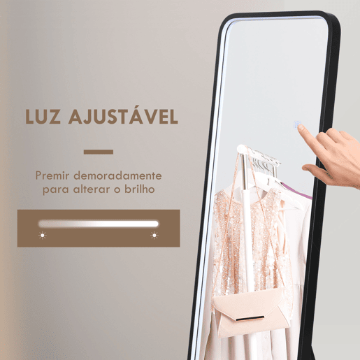 HOMCOM Espelho de Pé com Luzes LED Espelho de Corpo Inteiro 151,5x50 cm Independente ou de Parede com Iluminação Ajustável em 3 Cores Função de Memória para Dormitório Preto