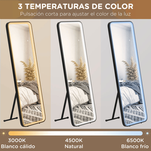 HOMCOM Espelho de Pé com Luzes LED Espelho de Corpo Inteiro 151,5x50 cm Independente ou de Parede com Iluminação Ajustável em 3 Cores Função de Memória para Dormitório Preto