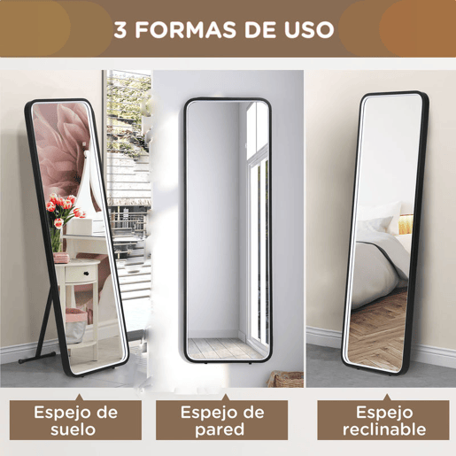 HOMCOM Espelho de Pé com Luzes LED Espelho de Corpo Inteiro 151,5x50 cm Independente ou de Parede com Iluminação Ajustável em 3 Cores Função de Memória para Dormitório Preto