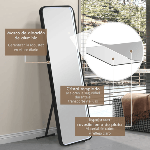HOMCOM Espelho de Pé com Luzes LED Espelho de Corpo Inteiro 151,5x50 cm Independente ou de Parede com Iluminação Ajustável em 3 Cores Função de Memória para Dormitório Preto