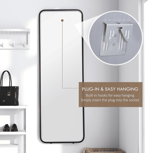 HOMCOM Espelho de Pé com Luzes LED Espelho de Corpo Inteiro 151,5x50 cm Independente ou de Parede com Iluminação Ajustável em 3 Cores Função de Memória para Dormitório Preto
