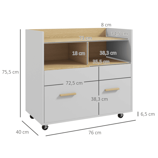Vinsetto Armário para Escritório Armário para Arquivos com Rodas Gaveta Barra Suspensa para Tamanho A4 e 2 Compartimentos de Armazenamento para Estúdio Sala de Estar 76x40x75,5 cm Branco e Madeira
