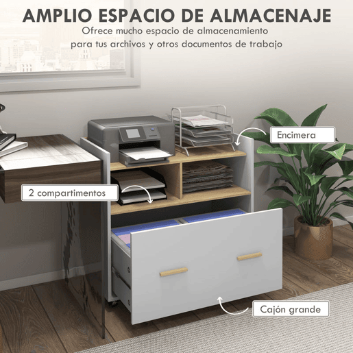 Vinsetto Armário para Escritório Armário para Arquivos com Rodas Gaveta Barra Suspensa para Tamanho A4 e 2 Compartimentos de Armazenamento para Estúdio Sala de Estar 76x40x75,5 cm Branco e Madeira