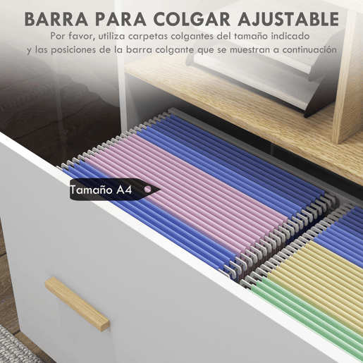 Vinsetto Armário para Escritório Armário para Arquivos com Rodas Gaveta Barra Suspensa para Tamanho A4 e 2 Compartimentos de Armazenamento para Estúdio Sala de Estar 76x40x75,5 cm Branco e Madeira