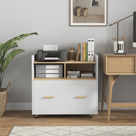 Vinsetto Armário para Escritório Armário para Arquivos com Rodas Gaveta Barra Suspensa para Tamanho A4 e 2 Compartimentos de Armazenamento para Estúdio Sala de Estar 76x40x75,5 cm Branco e Madeira