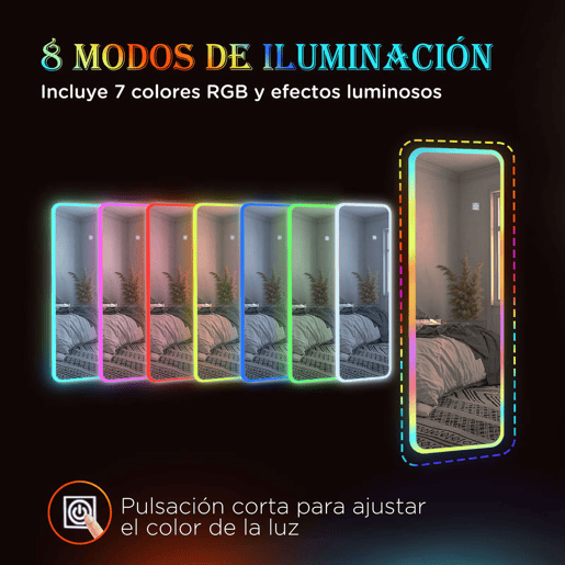 HOMCOM Espelho de Corpo Inteiro com Luzes LED 120x40 cm Espelho de Parede Ajustável com Iluminação em 7 Cores RGB e Função de Memória para Dormitório Prata