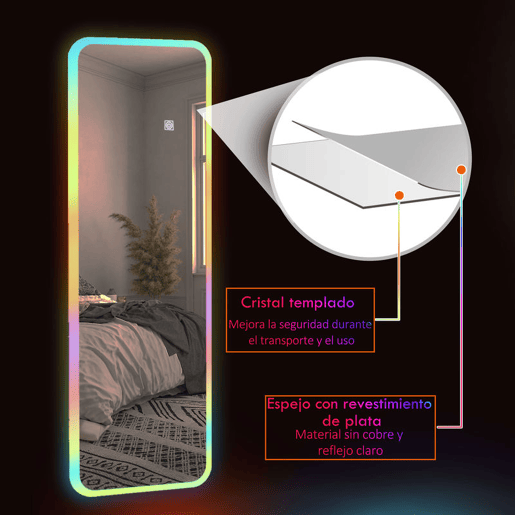 HOMCOM Espelho de Corpo Inteiro com Luzes LED 120x40 cm Espelho de Parede Ajustável com Iluminação em 7 Cores RGB e Função de Memória para Dormitório Prata