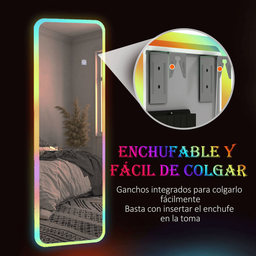 HOMCOM Espelho de Corpo Inteiro com Luzes LED 120x40 cm Espelho de Parede Ajustável com Iluminação em 7 Cores RGB e Função de Memória para Dormitório Prata