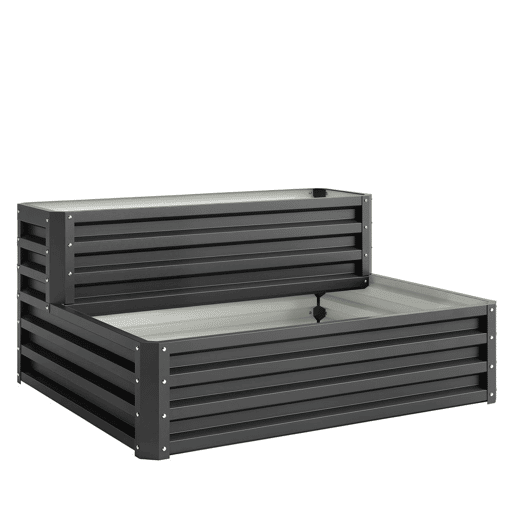 Outsunny Horta Urbana de 2 Níveis em Aço Galvanizado, Floreira Exterior com Design em Escada e Fundo Aberto para Cultivo, Plantas e Ervas Aromáticas, para Terraço e Jardim, 120x101x58 cm, Cinzento Escuro