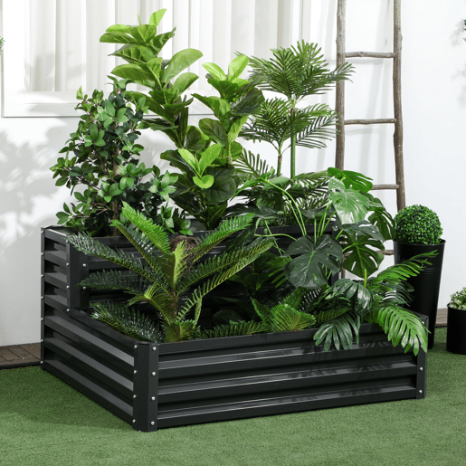 Outsunny Horta Urbana de 2 Níveis em Aço Galvanizado, Floreira Exterior com Design em Escada e Fundo Aberto para Cultivo, Plantas e Ervas Aromáticas, para Terraço e Jardim, 120x101x58 cm, Cinzento Escuro