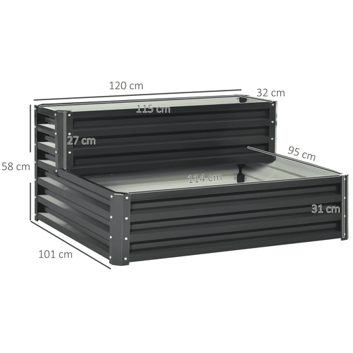 Outsunny Horta Urbana de 2 Níveis em Aço Galvanizado, Floreira Exterior com Design em Escada e Fundo Aberto para Cultivo, Plantas e Ervas Aromáticas, para Terraço e Jardim, 120x101x58 cm, Cinzento Escuro