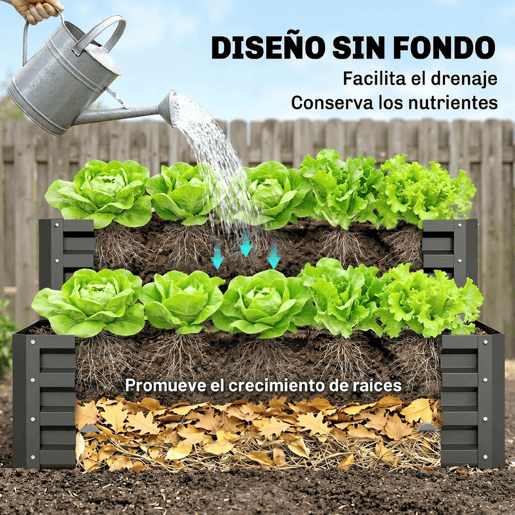 Outsunny Horta Urbana de 2 Níveis em Aço Galvanizado, Floreira Exterior com Design em Escada e Fundo Aberto para Cultivo, Plantas e Ervas Aromáticas, para Terraço e Jardim, 120x101x58 cm, Cinzento Escuro