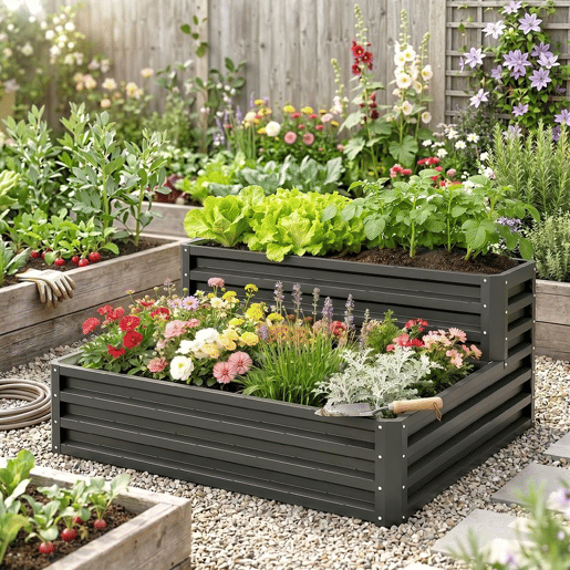 Outsunny Horta Urbana de 2 Níveis em Aço Galvanizado, Floreira Exterior com Design em Escada e Fundo Aberto para Cultivo, Plantas e Ervas Aromáticas, para Terraço e Jardim, 120x101x58 cm, Cinzento Escuro