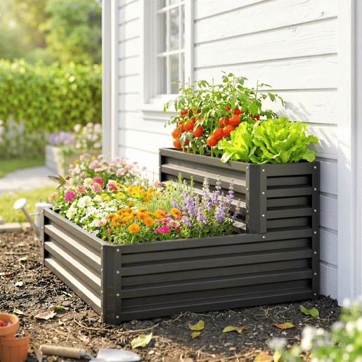 Outsunny Horta Urbana de 2 Níveis em Aço Galvanizado, Floreira Exterior com Design em Escada e Fundo Aberto para Cultivo, Plantas e Ervas Aromáticas, para Terraço e Jardim, 120x101x58 cm, Cinzento Escuro