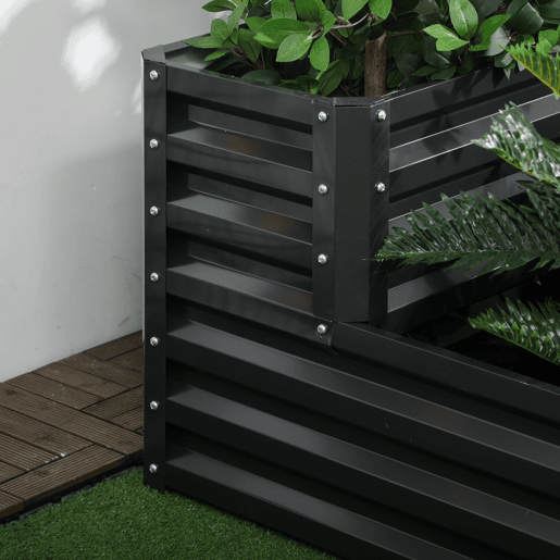 Outsunny Horta Urbana de 2 Níveis em Aço Galvanizado, Floreira Exterior com Design em Escada e Fundo Aberto para Cultivo, Plantas e Ervas Aromáticas, para Terraço e Jardim, 120x101x58 cm, Cinzento Escuro