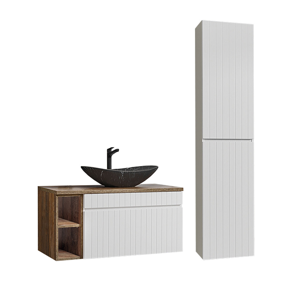 Conjunto mueble lavabo individual 2 nichos y columna Zelie Madera y Negro