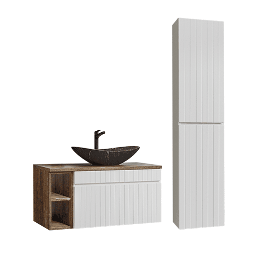 Conjunto móvel lavatório único 100cm 2 nichos e coluna Zelie Branco Madeira e Preto