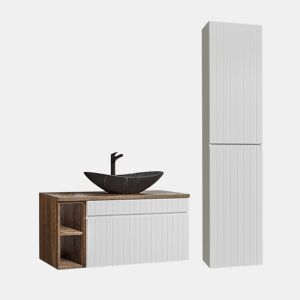 Conjunto móvel lavatório único 100cm 2 nichos e coluna Zelie Branco Madeira e Preto