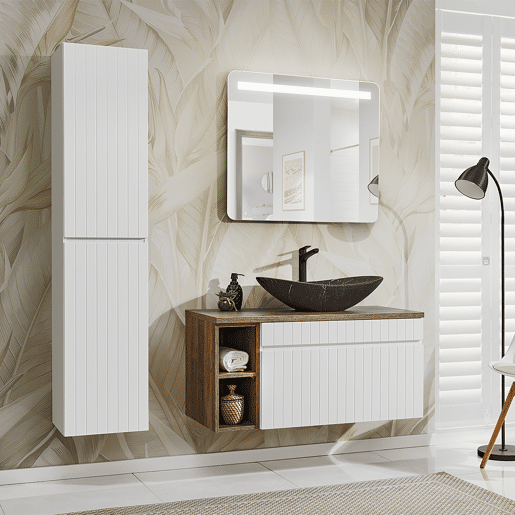 Conjunto móvel lavatório único 100cm 2 nichos e coluna Zelie Branco Madeira e Preto