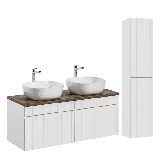 Conjunto móvel lavatório duplo 120cm e coluna Zelie branco e madeira