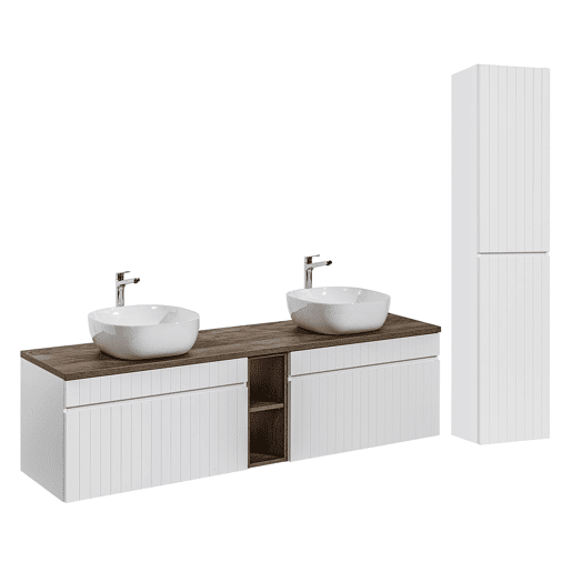 Conjunto móvel lavatório duplo 180cm 2 nichos e coluna Zelie Branco e Madeira