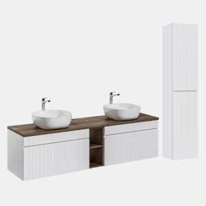 Conjunto móvel lavatório duplo 180cm 2 nichos e coluna Zelie Branco e Madeira