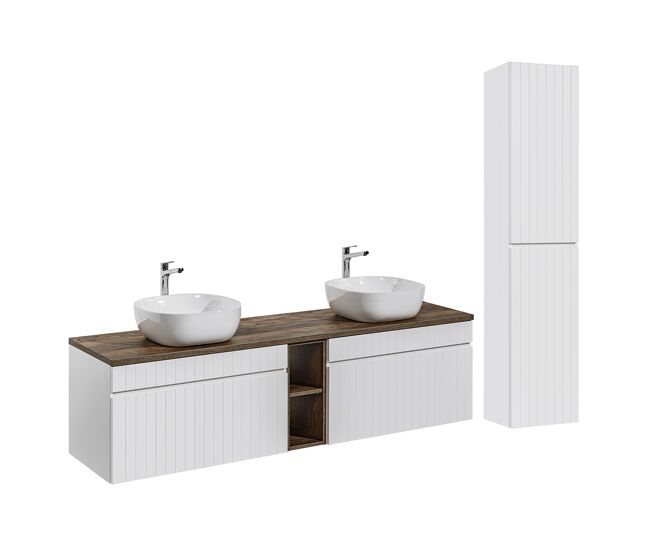 Conjunto mueble lavabo doble 180cm 2 nichos y columna zelie blanco y madera