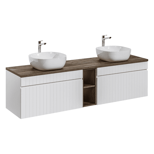 Conjunto móvel lavatório duplo 180cm 2 nichos e coluna Zelie Branco e Madeira