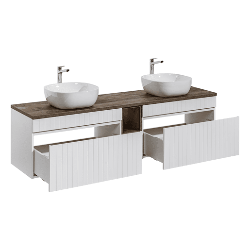 Conjunto móvel lavatório duplo 180cm 2 nichos e coluna Zelie Branco e Madeira