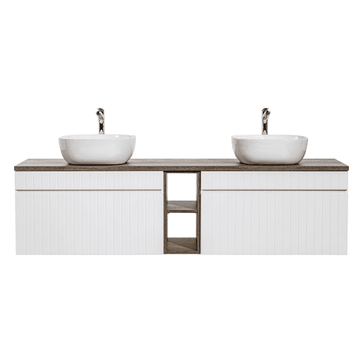 Móvel lavatório duplo branco e madeira 180cm 2 nichos Zelie