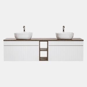 Móvel lavatório duplo branco e madeira 180cm 2 nichos Zelie