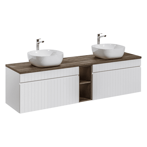 Móvel lavatório duplo branco e madeira 180cm 2 nichos Zelie