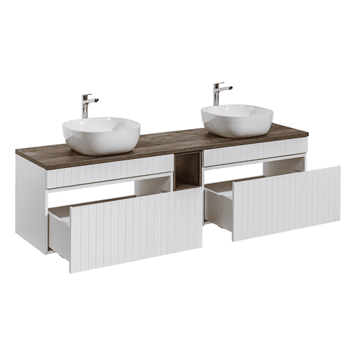 Móvel lavatório duplo branco e madeira 180cm 2 nichos Zelie