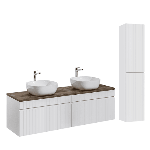 Conjunto móvel lavatório duplo 160cm e coluna Zelie Branco e Madeira