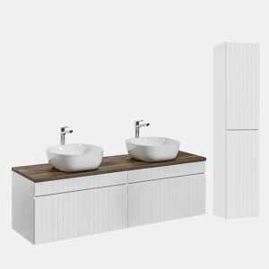 Conjunto móvel lavatório duplo 160cm e coluna Zelie Branco e Madeira