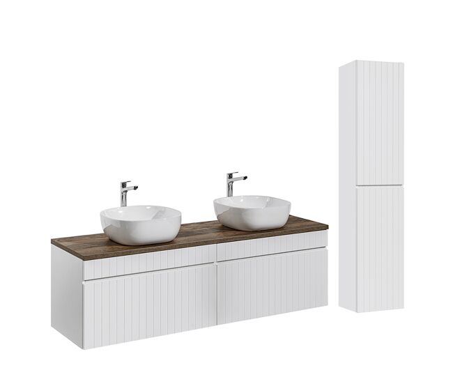 Conjunto mueble lavabo doble 160cm y columna zelie blanco y madera