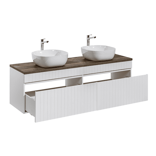 Conjunto móvel lavatório duplo 160cm e coluna Zelie Branco e Madeira