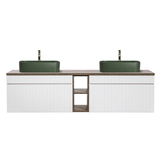 Móvel lavatório duplo 180cm 2 nichos Zelie Branco Madeira e Verde