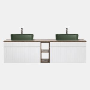 Móvel lavatório duplo 180cm 2 nichos Zelie Branco Madeira e Verde