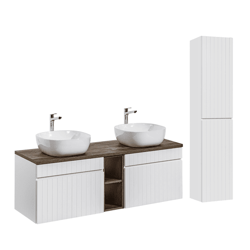 Conjunto móvel lavatório duplo Zelie branco e madeira 140cm 2 nichos e coluna
